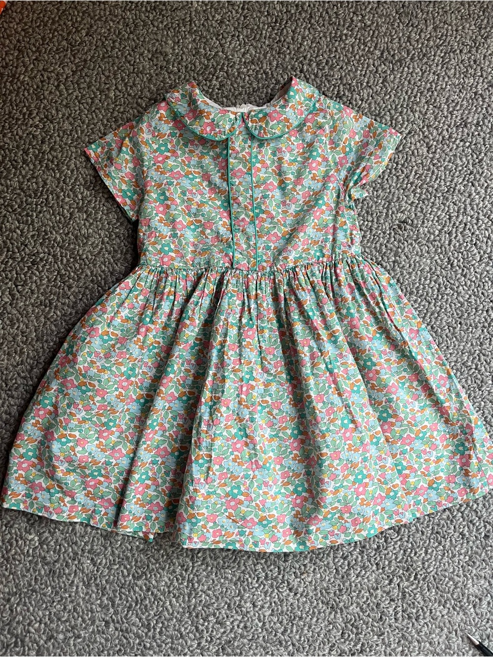 JACADI Liberty Girls' Floral Cotton Dress with Peter Pan Collar - Mint & Coral